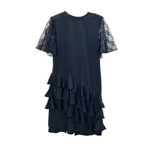Vintage 80s Party Dress Tiered Ruffle Skirt Lace Flutter Sleeves Midi Stretch M